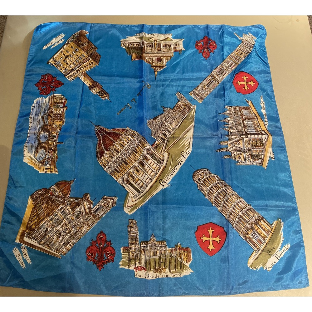 Italian Souvenier Scarf Landmark Satiny travel Blue 26" Square